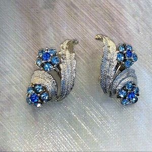Vintage Coro Signed Blue Rhinestone Clip On Earrings